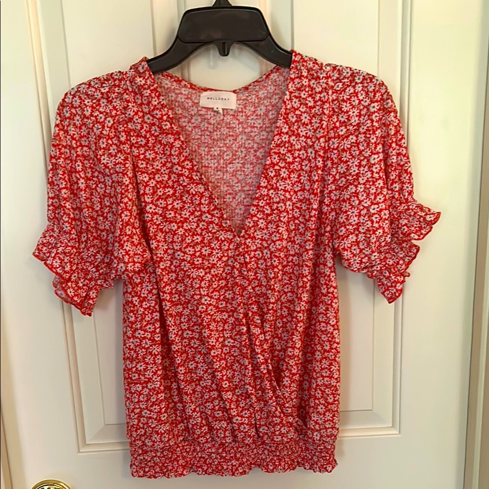 MELLODAY Red Floral Wrap-Style V-Neck Blouse with Ruffle Sleeves